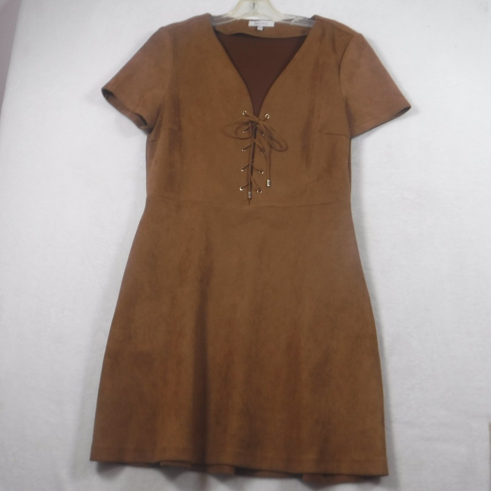 Lucy Paris Faux Suede Lace Up V-Neck Mini Dress Brown Short Sleeve Womens Medium